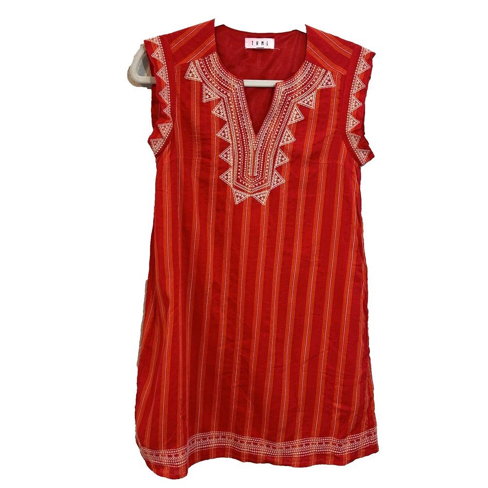 THML Embroidered Sleeveless  Size S Orange Red Boho Cotton Rayon‎ Dress